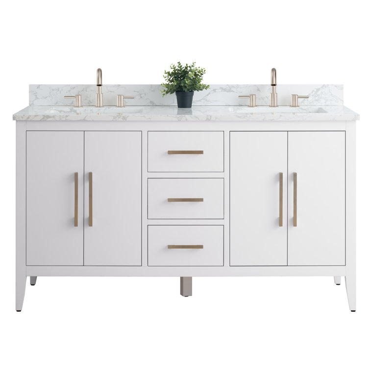60" White Double Sink Bathroom Vanity with Marble Top