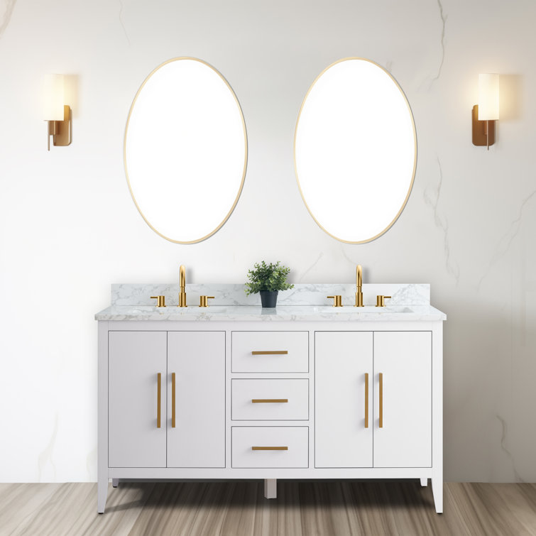 60" White Double Sink Bathroom Vanity with Gold Hardware