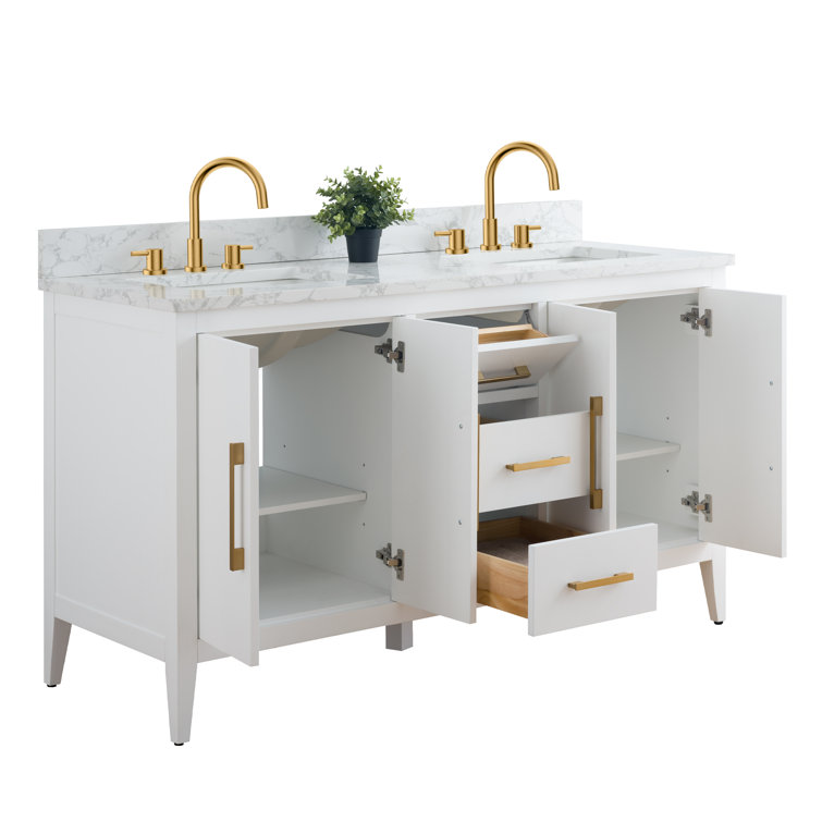 60" White Double Sink Bathroom Vanity with Gold Hardware