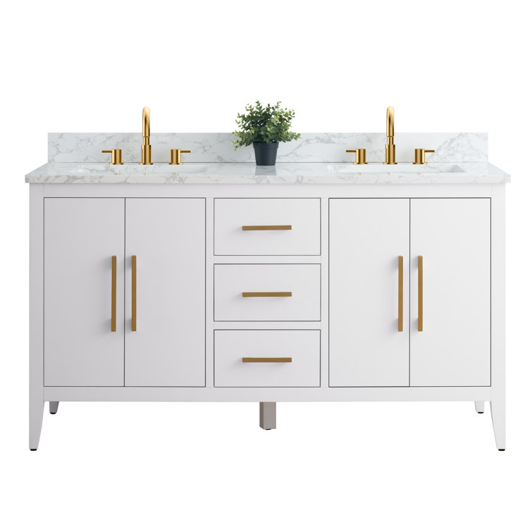 60" White Double Sink Bathroom Vanity with Gold Hardware