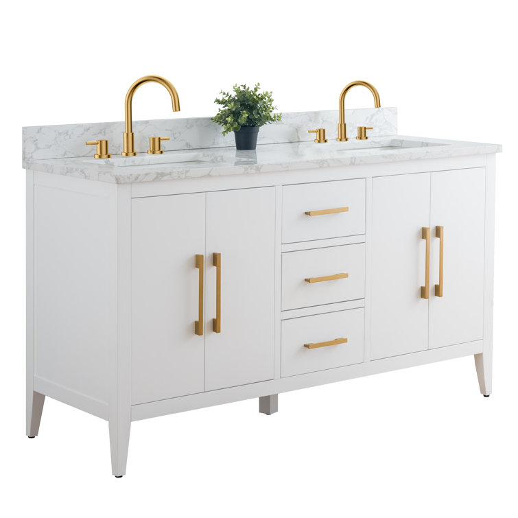 60" White Double Sink Bathroom Vanity with Gold Hardware