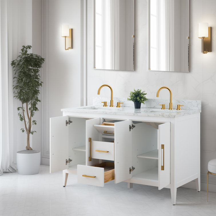 60" White Double Sink Bathroom Vanity with Gold Hardware