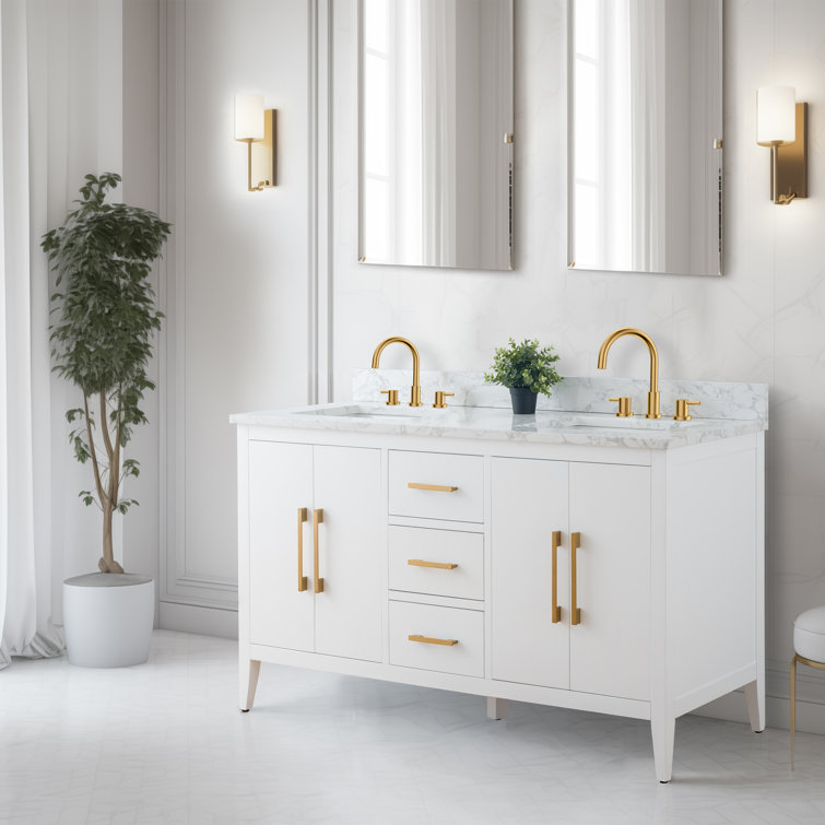 60" White Double Sink Bathroom Vanity with Gold Hardware