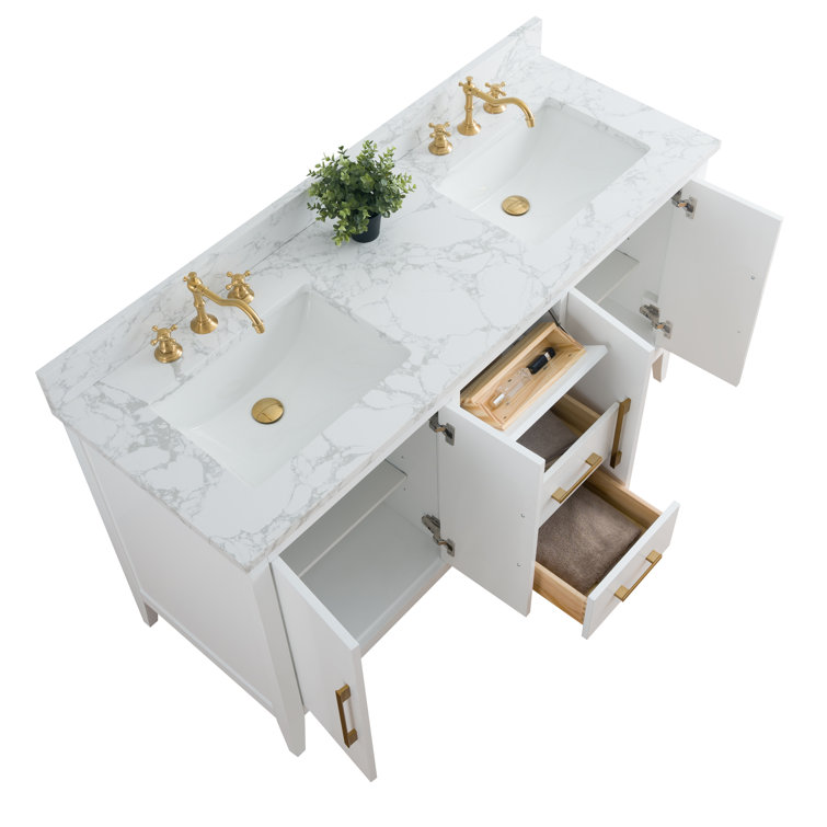 60" White Double Sink Bathroom Vanity with Gold Hardware