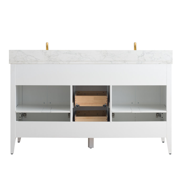 60" White Double Sink Bathroom Vanity with Gold Hardware