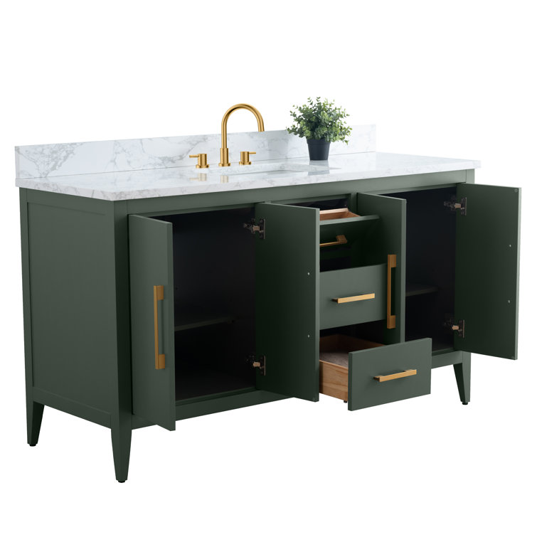 Vintage Green 60" Poplar Wood Single Sink Bathroom Vanity with Engineered Marble Countertop