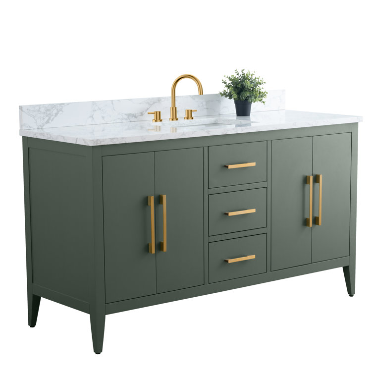 Vintage Green 60" Poplar Wood Single Sink Bathroom Vanity with Engineered Marble Countertop