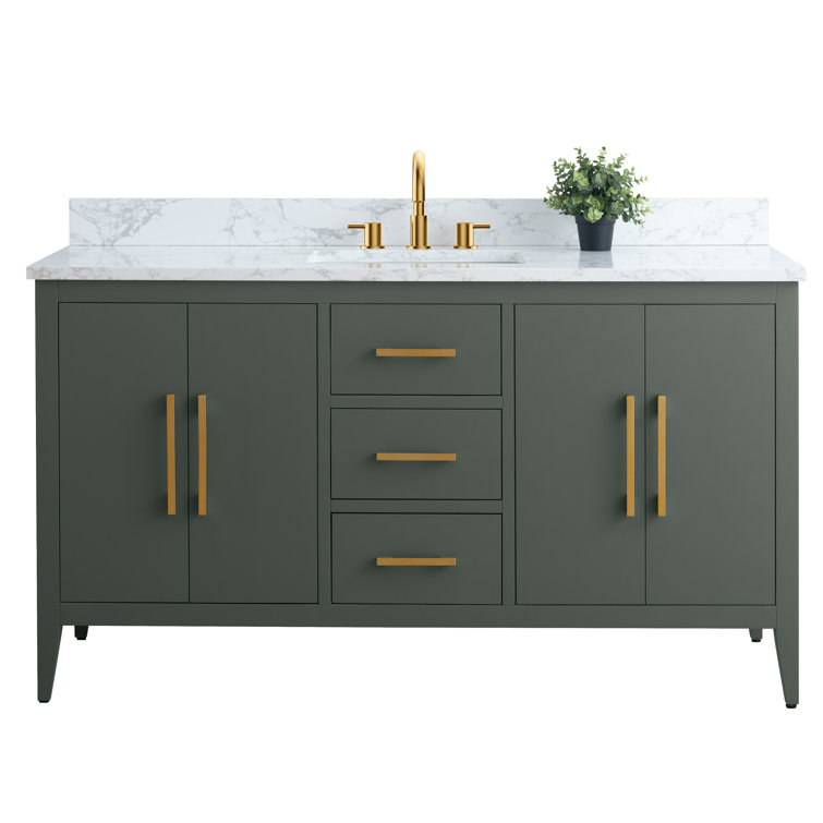 Vintage Green 60" Poplar Wood Single Sink Bathroom Vanity with Engineered Marble Countertop