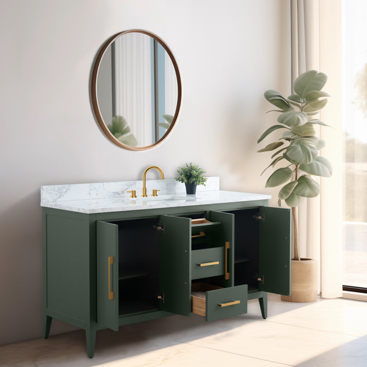 Vintage Green 60" Poplar Wood Single Sink Bathroom Vanity with Engineered Marble Countertop