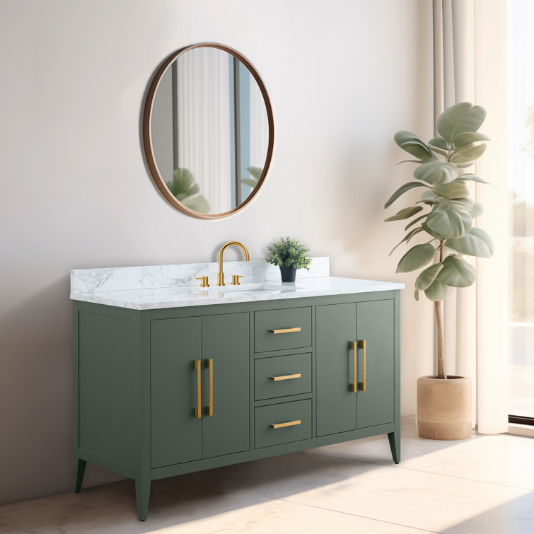 Vintage Green 60" Poplar Wood Single Sink Bathroom Vanity with Engineered Marble Countertop