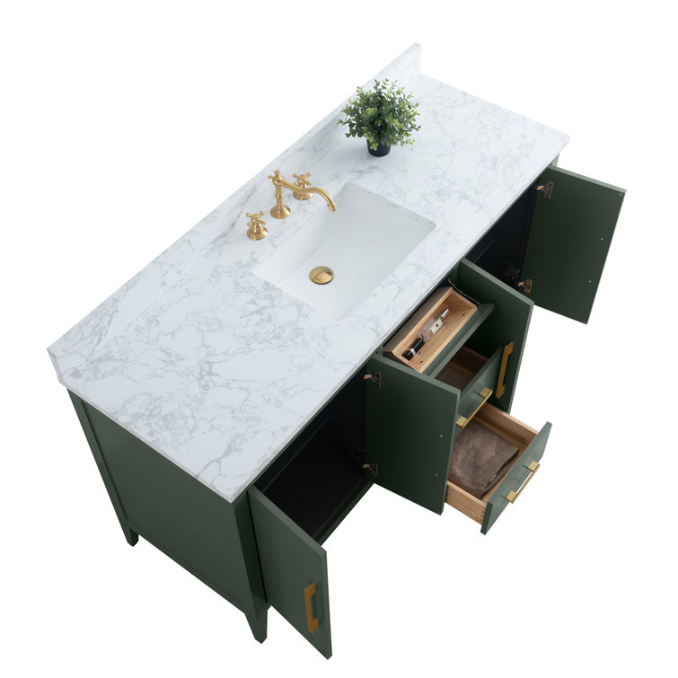 Vintage Green 60" Poplar Wood Single Sink Bathroom Vanity with Engineered Marble Countertop