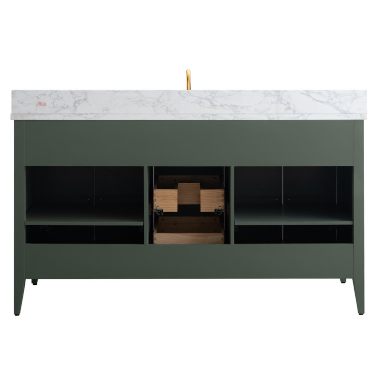 Vintage Green 60" Poplar Wood Single Sink Bathroom Vanity with Engineered Marble Countertop