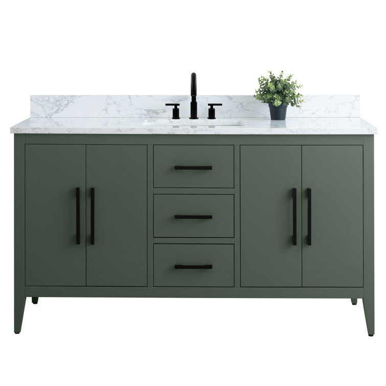 60'' Vintage Green MDF Single Sink Bathroom Vanity with White Marble Top