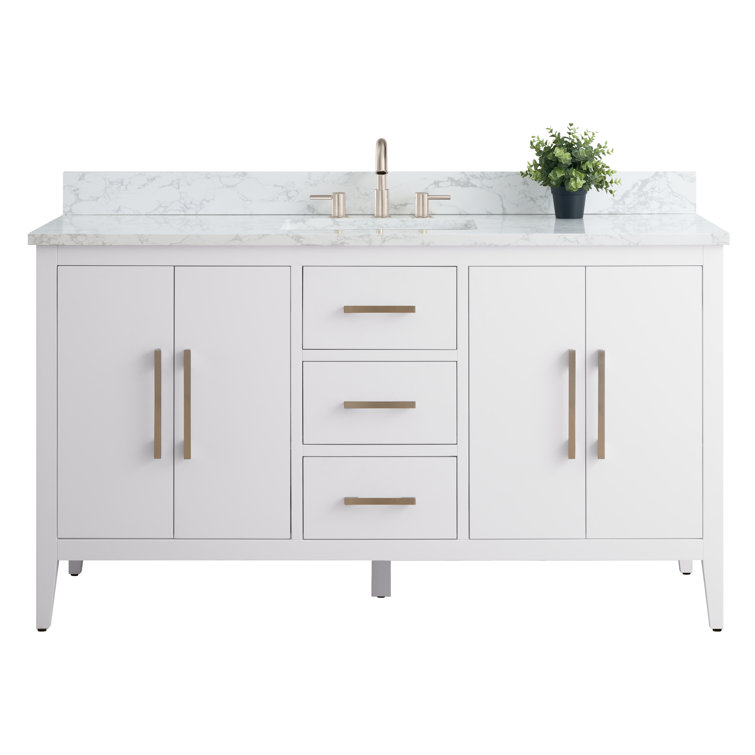 60'' White MDF Freestanding Bathroom Vanity with Engineered Marble Top