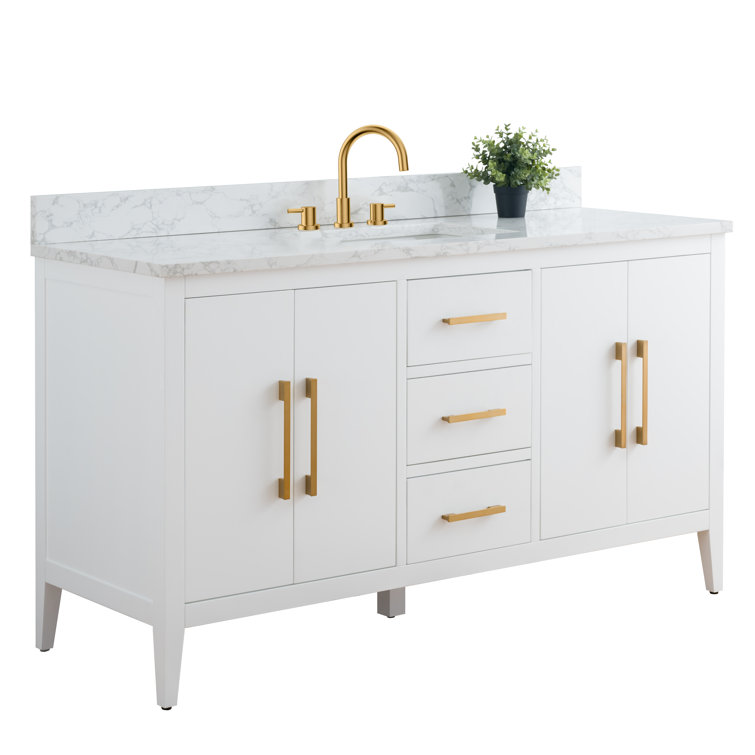 60'' White MDF Single Sink Bathroom Vanity with Engineered Marble Top