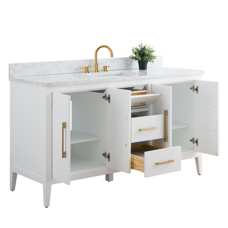 60'' White MDF Single Sink Bathroom Vanity with Engineered Marble Top