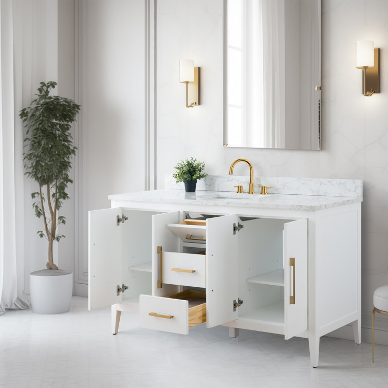 60'' White MDF Single Sink Bathroom Vanity with Engineered Marble Top