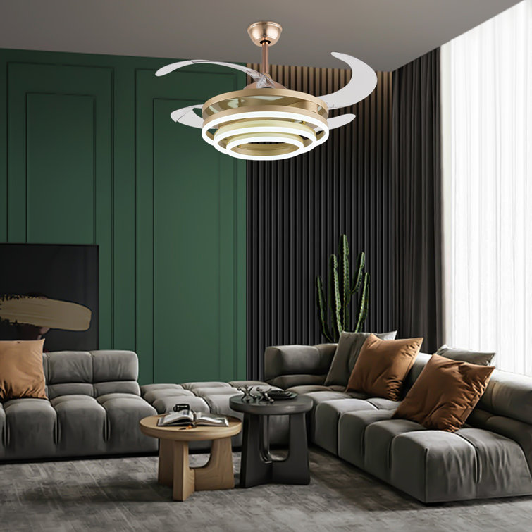 Gold Retractable LED Ceiling Fan Chandelier with Remote Control