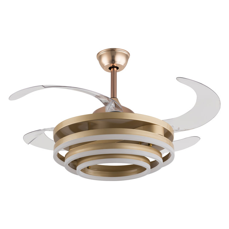 Gold Retractable LED Ceiling Fan Chandelier with Remote Control