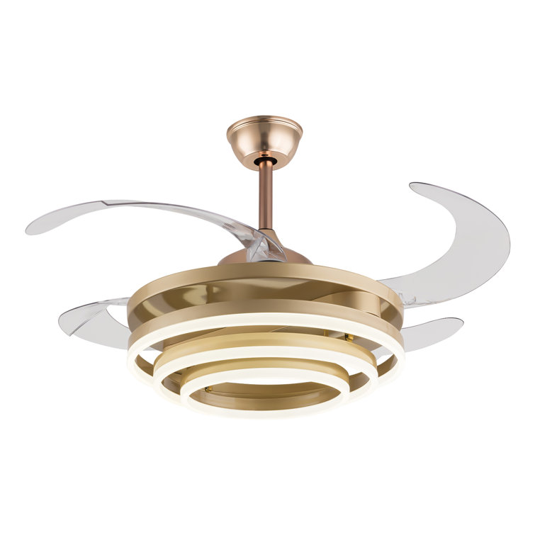 Gold Retractable LED Ceiling Fan Chandelier with Remote Control