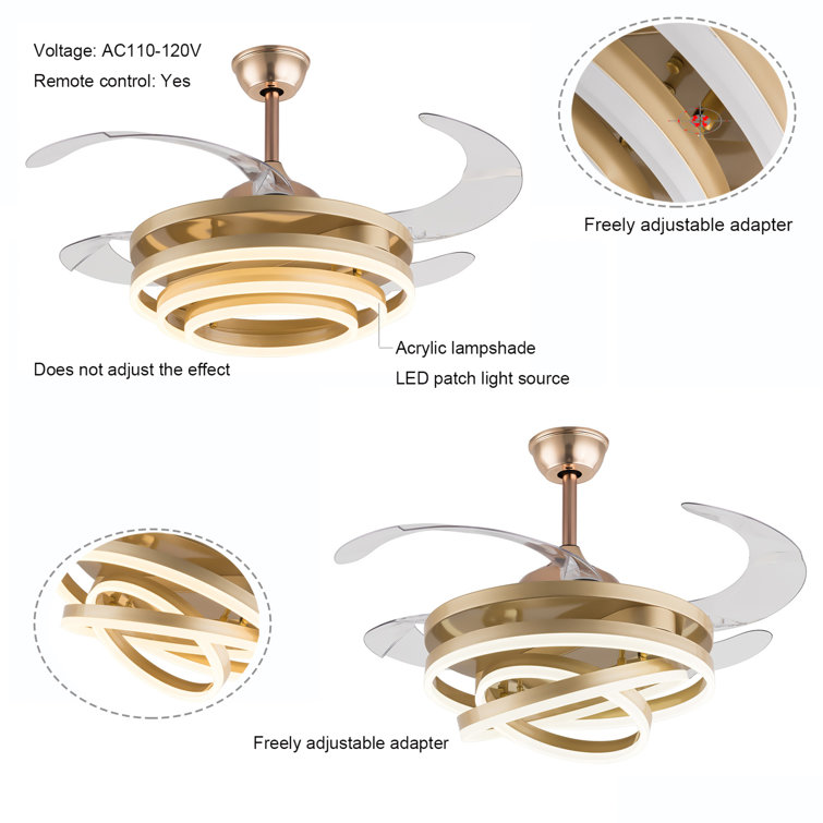 Gold Retractable LED Ceiling Fan Chandelier with Remote Control