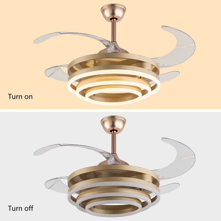 Gold Retractable LED Ceiling Fan Chandelier with Remote Control
