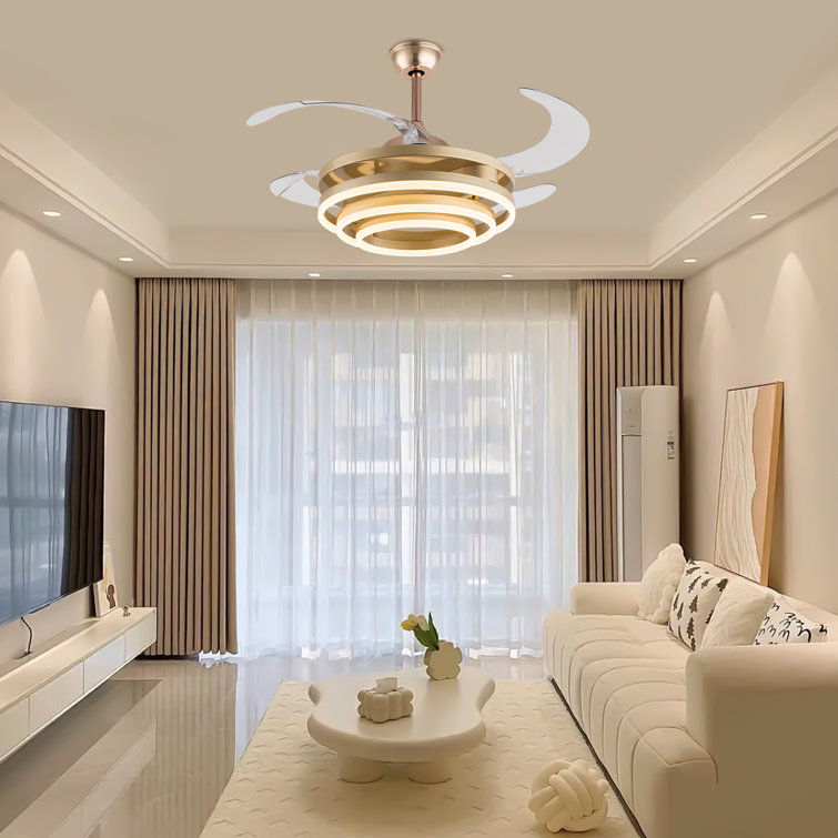 Gold Retractable LED Ceiling Fan Chandelier with Remote Control