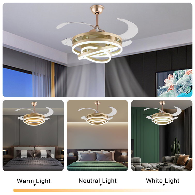 Gold Retractable LED Ceiling Fan Chandelier with Remote Control