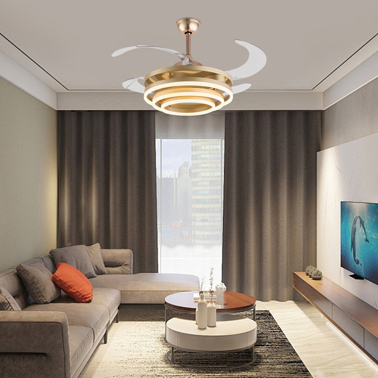 Gold Retractable LED Ceiling Fan Chandelier with Remote Control