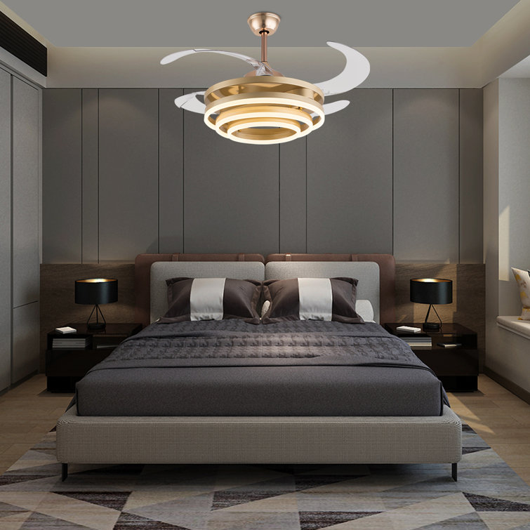 Gold Retractable LED Ceiling Fan Chandelier with Remote Control