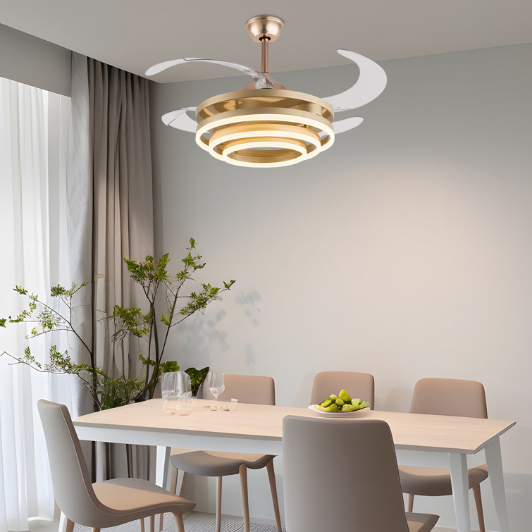 Gold Retractable LED Ceiling Fan Chandelier with Remote Control