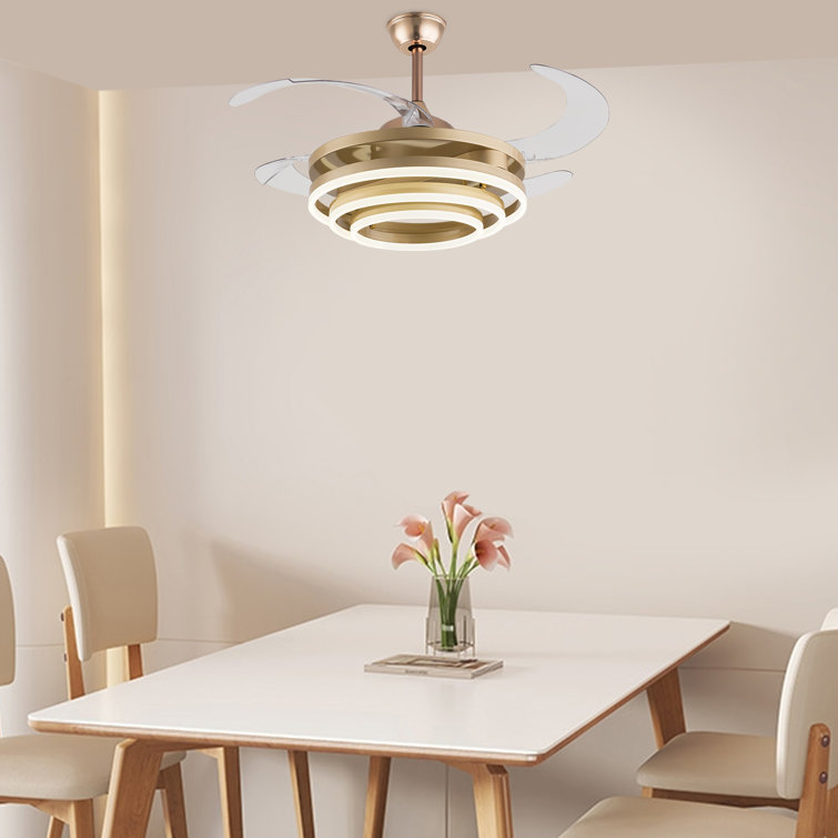 Gold Retractable LED Ceiling Fan Chandelier with Remote Control