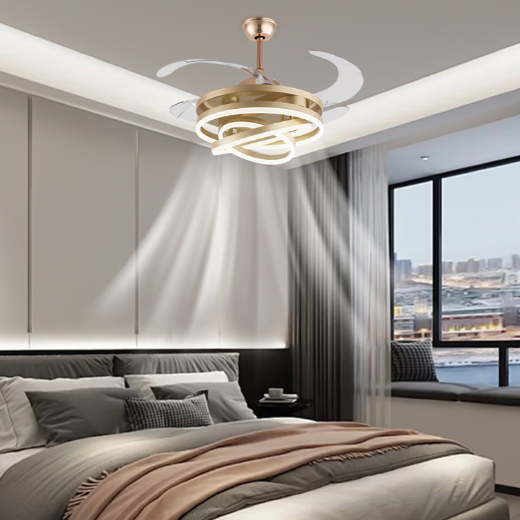 Gold Retractable LED Ceiling Fan Chandelier with Remote Control