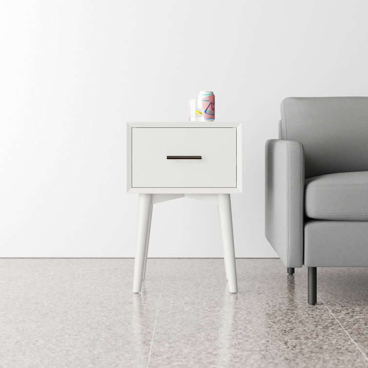 White Mid-Century Modern Solid Wood End Table with Storage