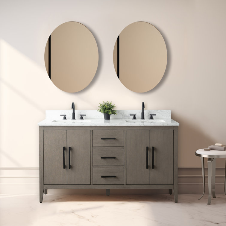 60" Natural Oak Double Sink Bathroom Vanity with Marble Top