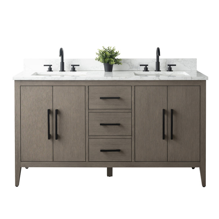 60" Natural Oak Double Sink Bathroom Vanity with Marble Top