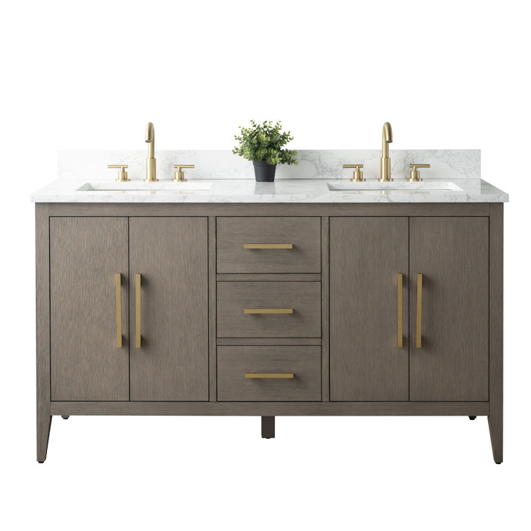 60" Driftwood Gray Double Sink Bathroom Vanity with Marble Countertop