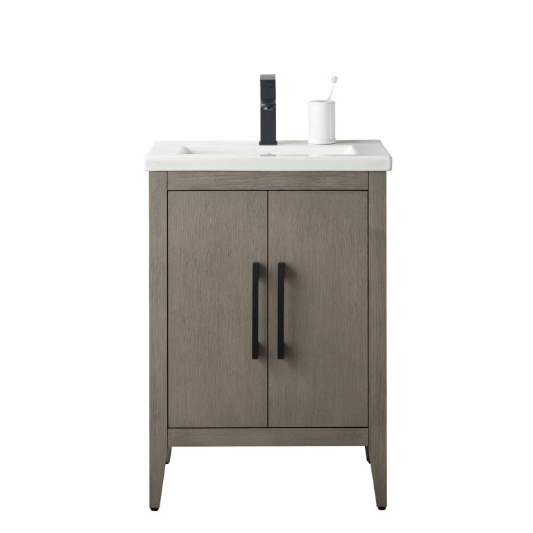 Natural Oak and Matte Black 24" Single Bathroom Vanity with Ceramic Top