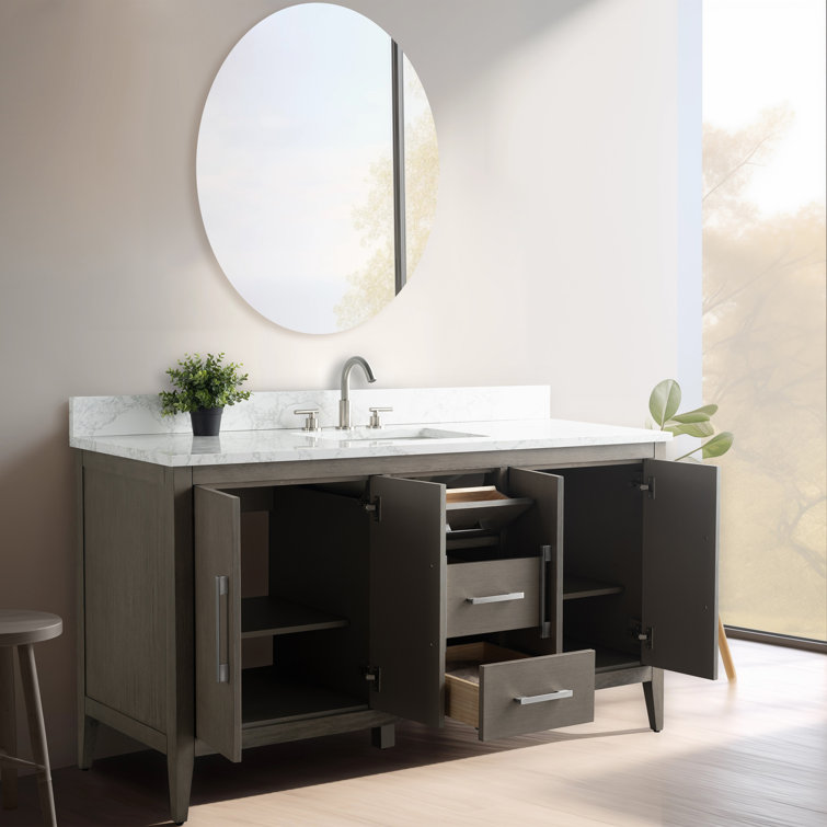 60'' Driftwood Gray MDF Single Sink Freestanding Bathroom Vanity with Engineered Marble Top