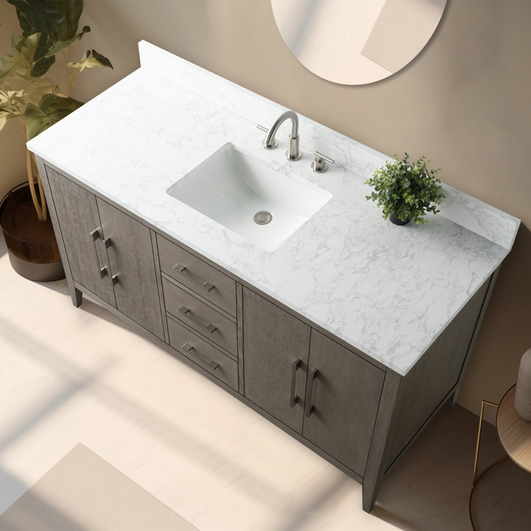 60'' Driftwood Gray MDF Single Sink Freestanding Bathroom Vanity with Engineered Marble Top