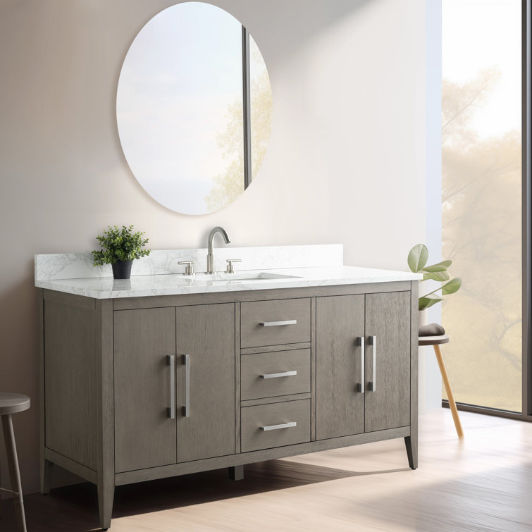 60'' Driftwood Gray MDF Single Sink Freestanding Bathroom Vanity with Engineered Marble Top