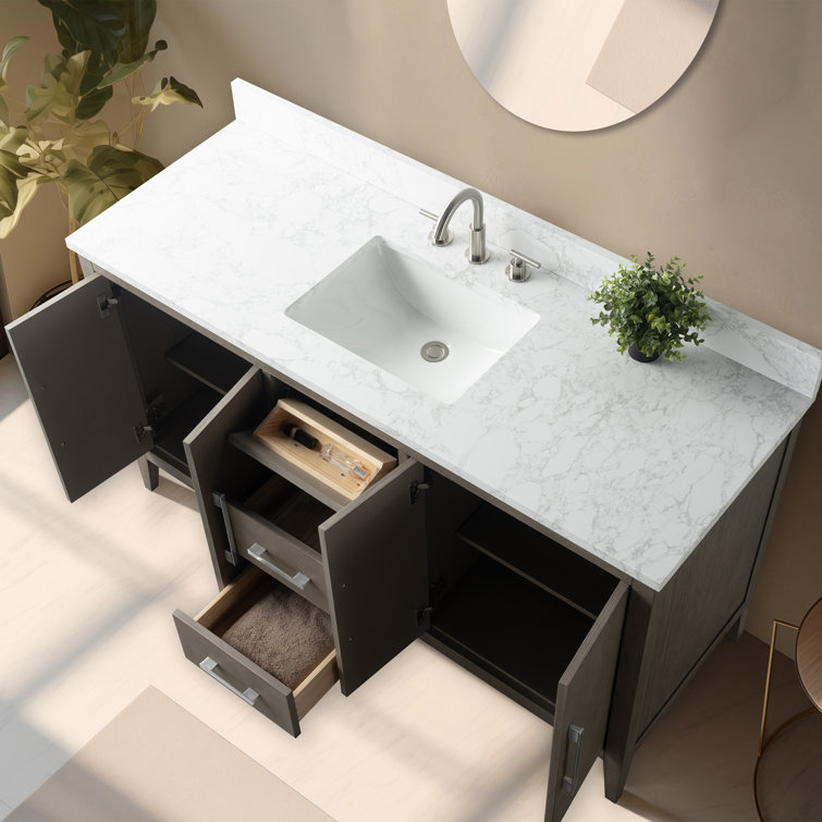 60'' Driftwood Gray MDF Single Sink Freestanding Bathroom Vanity with Engineered Marble Top