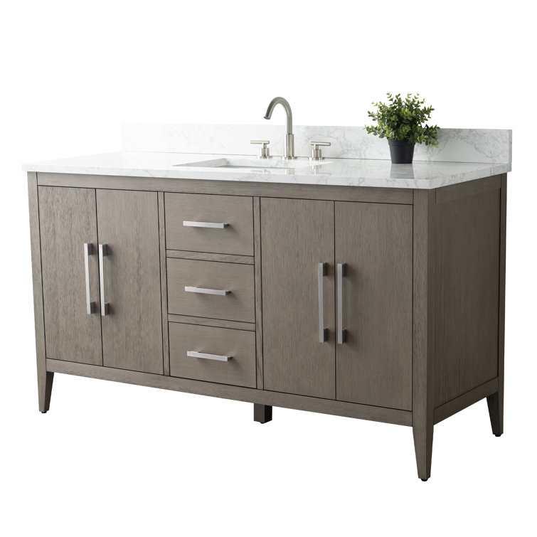 60'' Driftwood Gray MDF Single Sink Freestanding Bathroom Vanity with Engineered Marble Top
