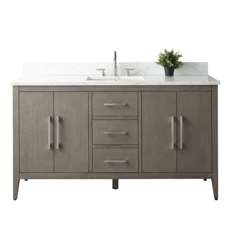 60'' Driftwood Gray MDF Single Sink Freestanding Bathroom Vanity with Engineered Marble Top