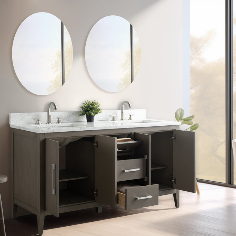 60" Driftwood Gray MDF Double Sink Freestanding Vanity with White Marble Top