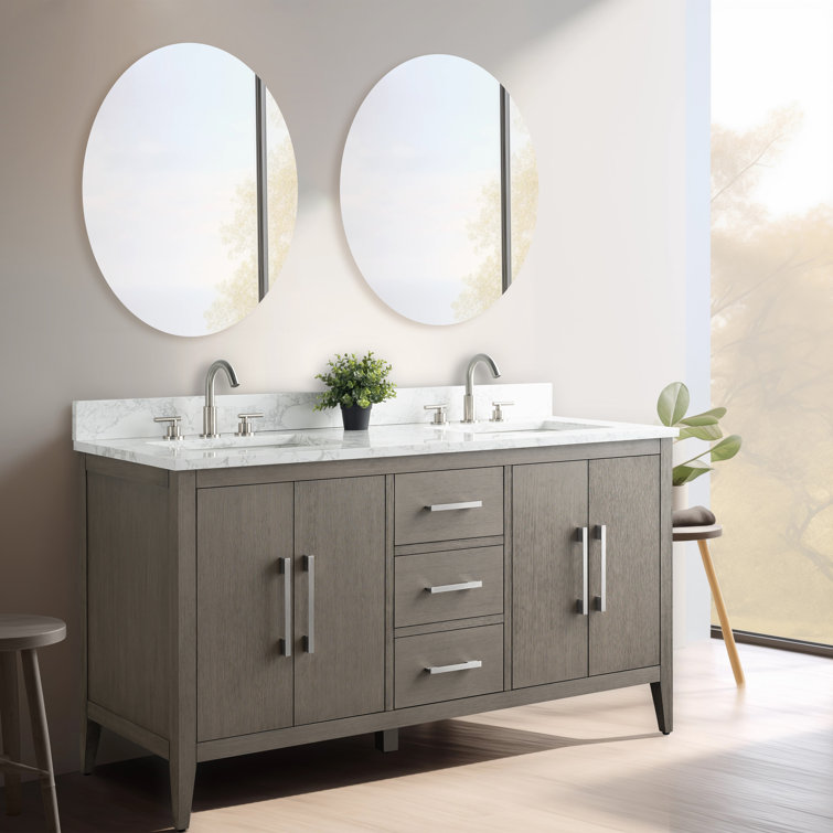 60" Driftwood Gray MDF Double Sink Freestanding Vanity with White Marble Top