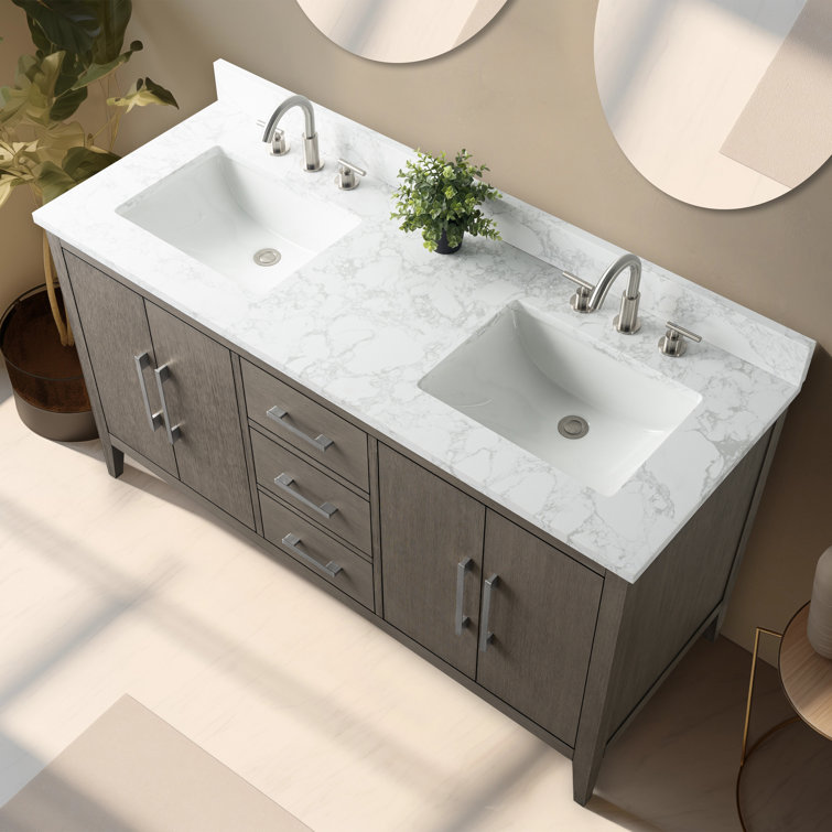 60" Driftwood Gray MDF Double Sink Freestanding Vanity with White Marble Top