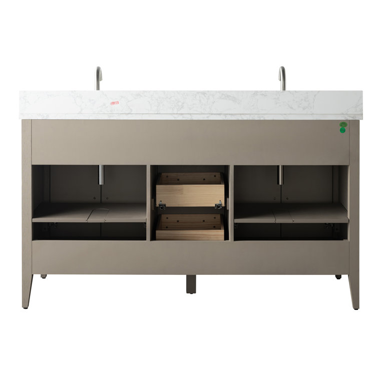 60" Driftwood Gray MDF Double Sink Freestanding Vanity with White Marble Top
