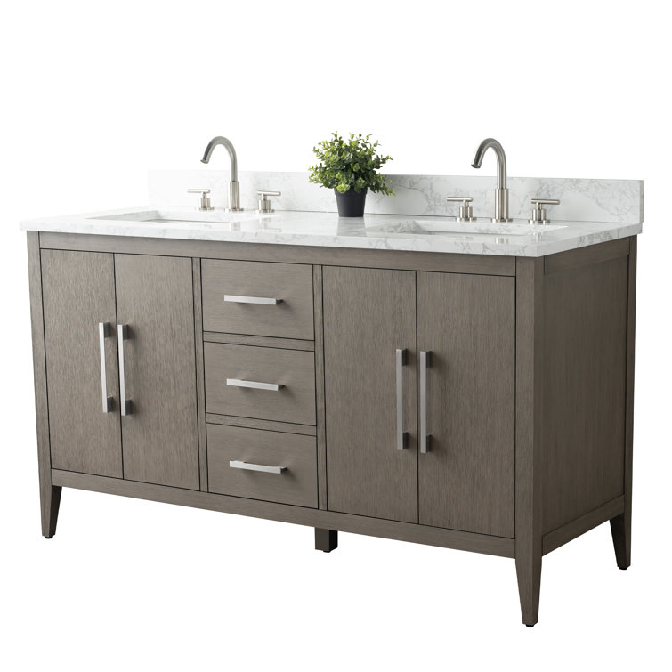 60" Driftwood Gray MDF Double Sink Freestanding Vanity with White Marble Top