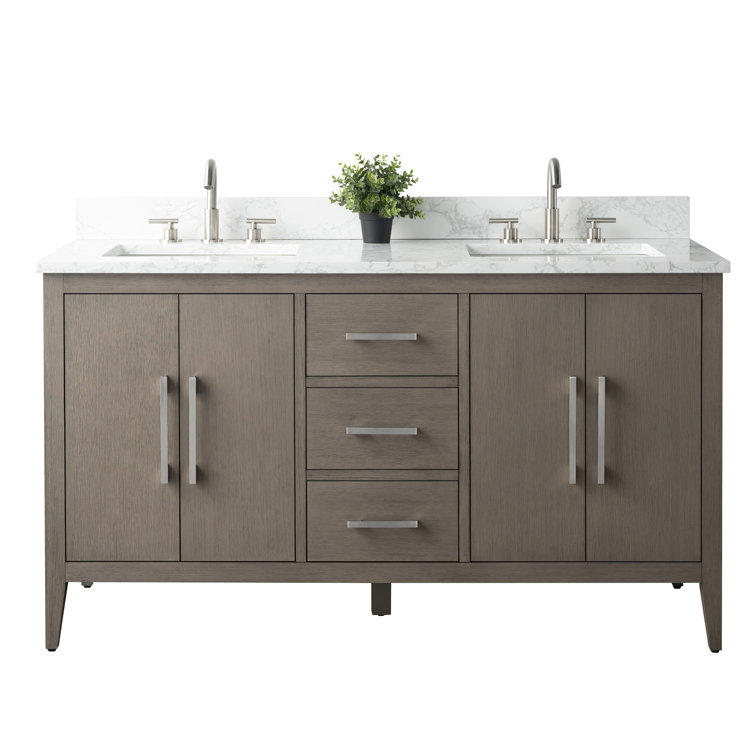 60" Driftwood Gray MDF Double Sink Freestanding Vanity with White Marble Top